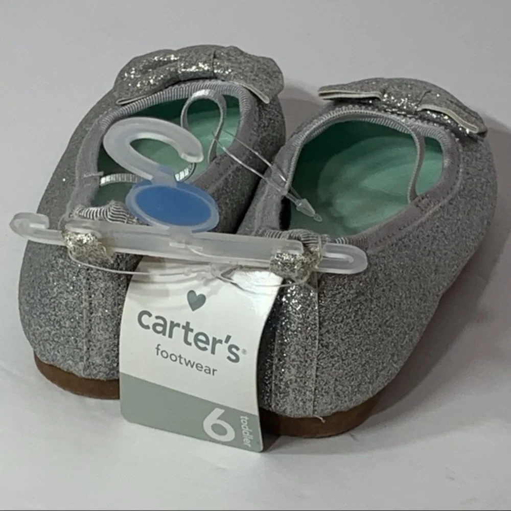 NWT Carter’s Silver Glitter Ballet Flats with a Bow and‎ Strap Embellishment